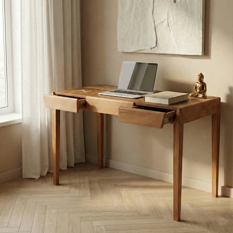 Joey Beech Wood Desk – Brown Leatherite