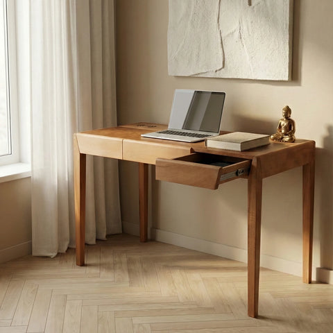 Joey Beech Wood Desk – Brown Leatherite