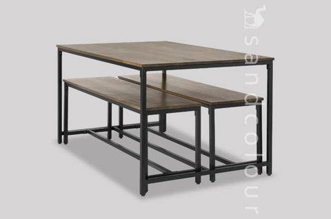 Saber Dining Table and Bench Set, Mango Wood and Black
