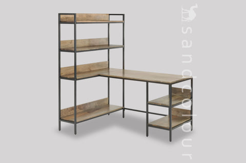 Holger Adjustable Corner Desk with Shelves, Mango Wood and Black