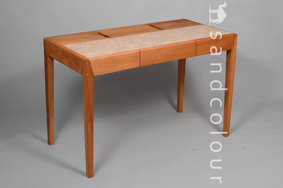 Joey Beech Wood Desk White Leatherite Sandcolour