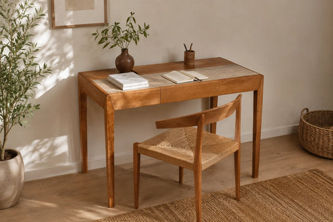 Joey Beech Wood Desk – White Leatherite