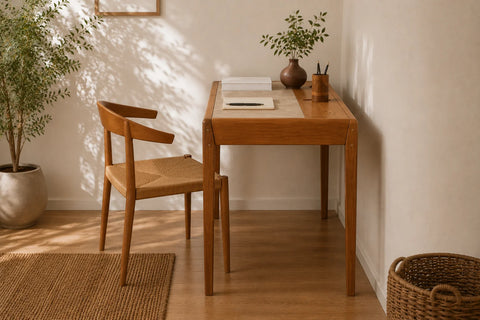 Joey Beech Wood Desk – White Leatherite