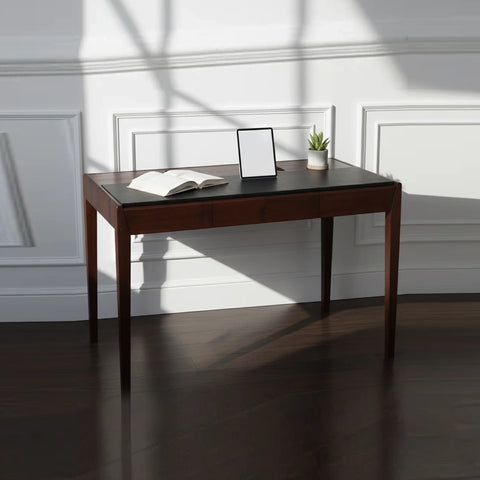 Joey Walnut Wood Desk – Black Leatherite