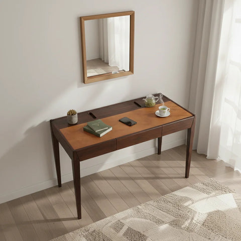 Joey Walnut Wood Desk – Brown Leatherite