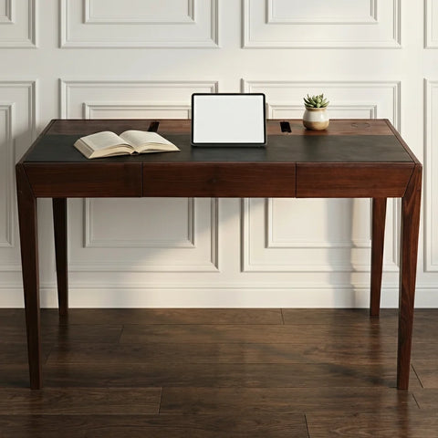 Joey Walnut Wood Desk – Black Leatherite