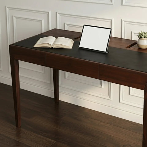 Joey Walnut Wood Desk – Black Leatherite