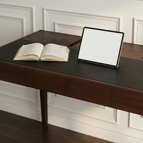 Joey Walnut Wood Desk – Black Leatherite