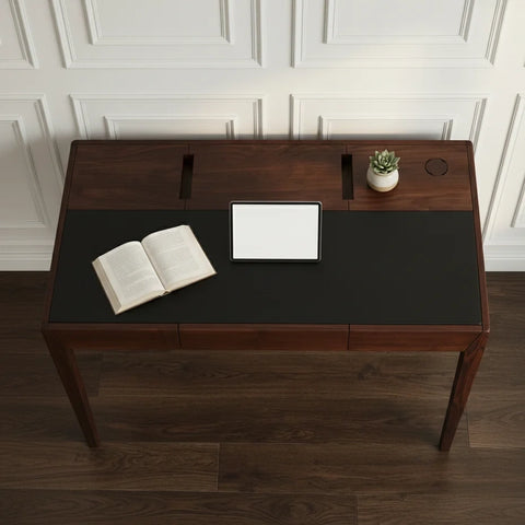 Joey Walnut Wood Desk – Black Leatherite