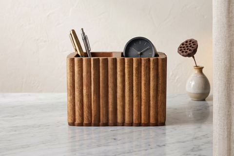 Handcrafted Fluted Mango Wood 2-Partition Cutlery Stand - Honey Finish