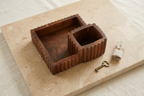 Hosting & Organization Combo: 2-Piece Acacia Tray Set & Fluted Cutlery Stand