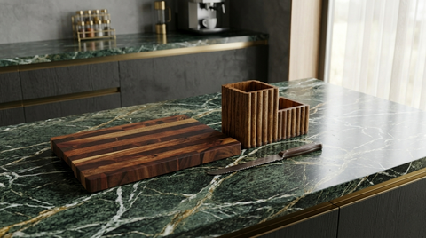 Kitchen Prep & Organize Combo: Astonis Acacia Board & Fluted Cutlery Stand