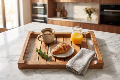 Natural Acacia Wood Serving Tray Set - Medium & Small (Set of 2)