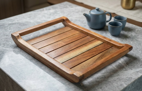 Wooden tray on a marble surface with tea set and vase in the background