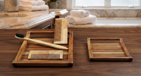 Eco-Friendly Vanity Combo: 2-Piece Acacia Tray Set & Neem Wood Grooming Kit