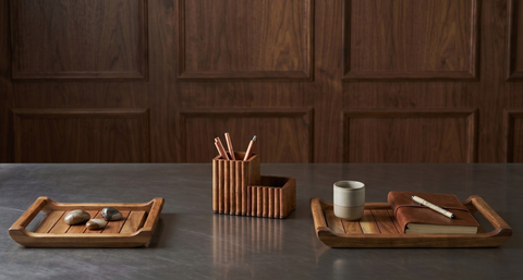 Hosting & Organization Combo: 2-Piece Acacia Tray Set & Fluted Cutlery Stand