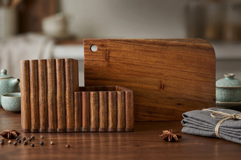 Kitchen Prep & Organize Combo: Chronos Acacia Board & Fluted Cutlery Stand