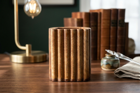 Handcrafted Fluted Mango Wood Cutlery Stand - Honey Finish