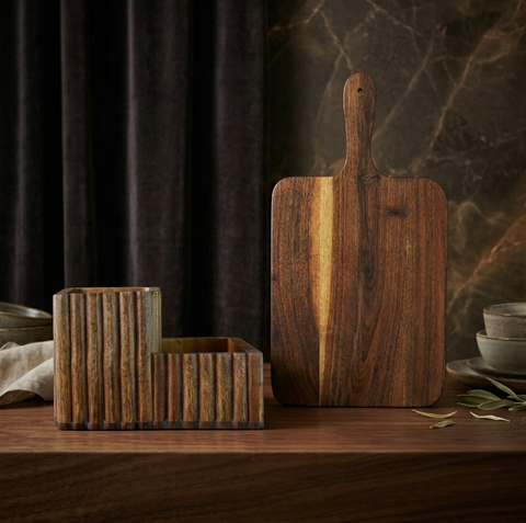 Kitchen Prep & Organize Combo: Helios Acacia Board & Fluted Cutlery Stand