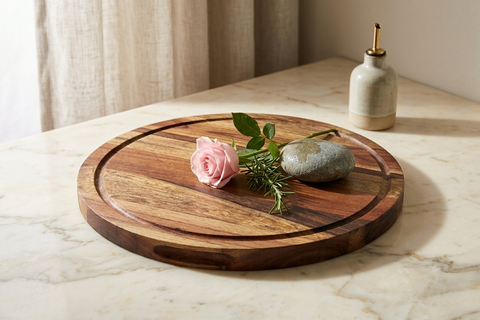 Solid Acacia Wood Round Chronos Block Chopping Board & Platter - 15"
