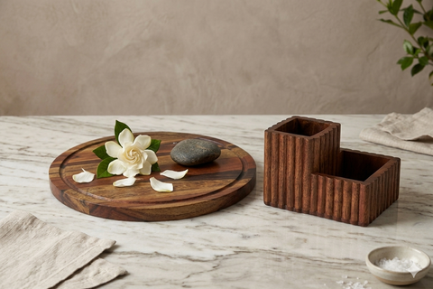 Kitchen Prep & Organize Combo: Round Acacia Chronos Board & Fluted Cutlery Stand