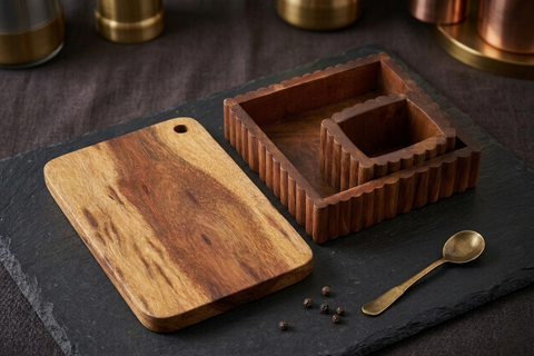 Kitchen Prep & Organize Combo: Acacia Chopping Board & Fluted Cutlery Stand