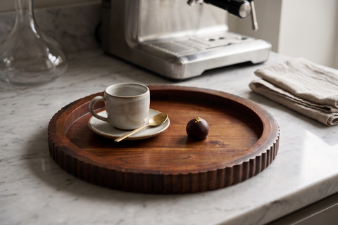 Handcrafted Natural Acacia Wood Round Fluted Serving Tray - 16