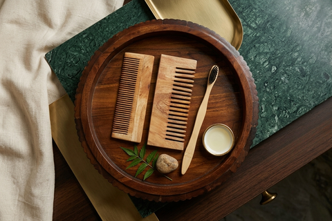 Eco-Friendly Vanity Combo: 16" Fluted Acacia Tray & Neem Wood Grooming Set