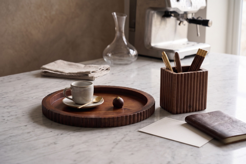 Fluted Dining Combo: 16" Solid Acacia Tray & Mango Wood Cutlery Stand