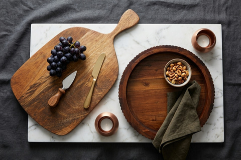 Serving & Prep Combo: 16" Fluted Acacia Tray & Mango Wood Baby Chopping Board