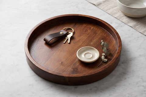 Eco-Friendly Vanity Combo: 16" Fluted Acacia Tray & Neem Wood Grooming Set