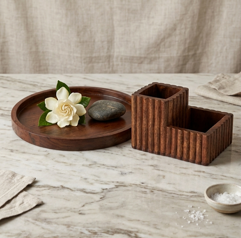 Hosting & Organization Combo: 14.8" Acacia Tray & Fluted Cutlery Stand